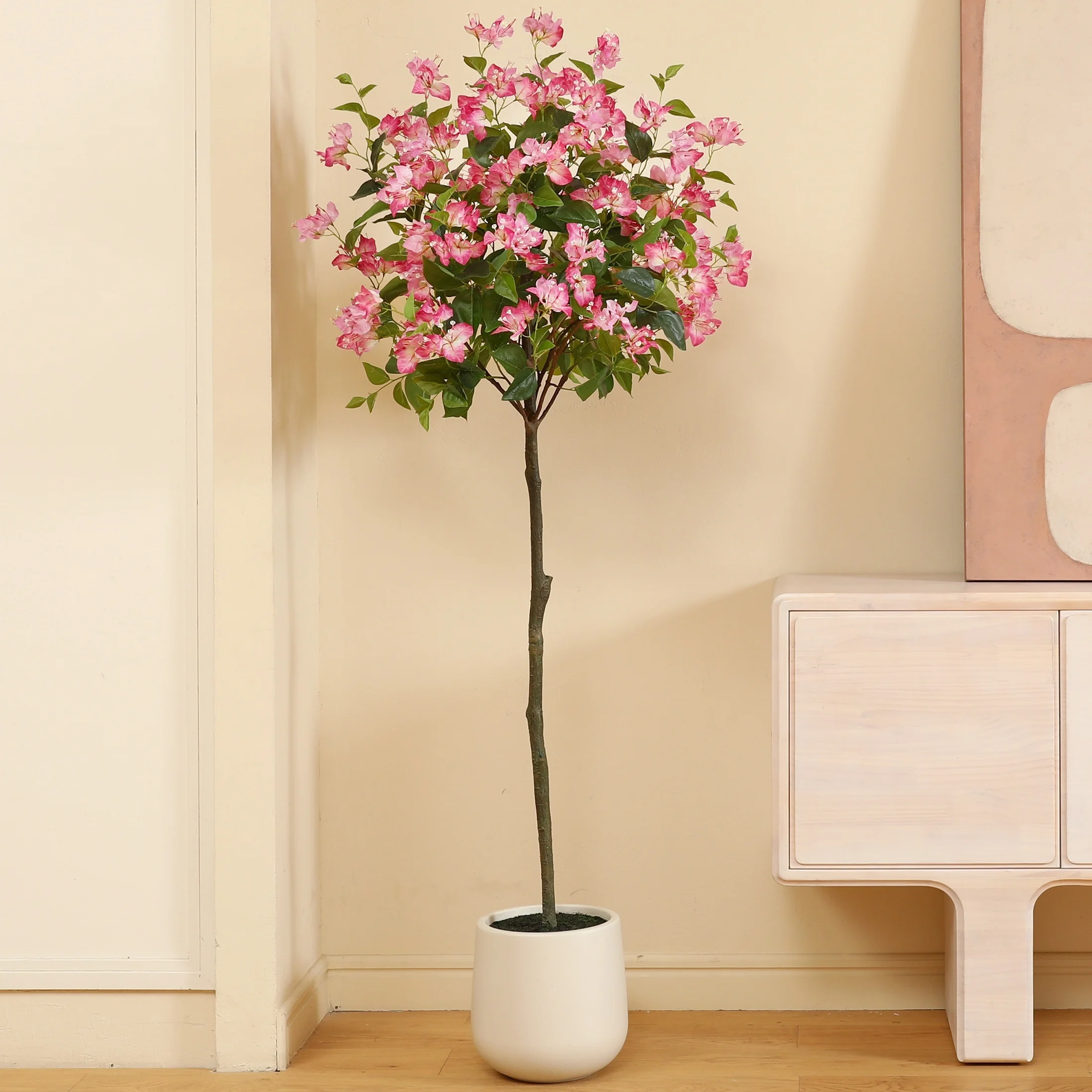 

Realistic Faux Bougainvilleia Flowers Tree with White Tall Planter - High-Quality Plastic, Vibrant Pink Artificial Flowers