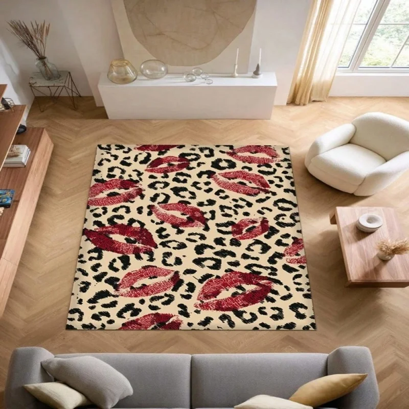 Leopard Print Red Lip Kiss Pattern Large Area Rug Soft Flannel Non Slip Floor Carpet for Living Room Retro Chic Bedroom Home