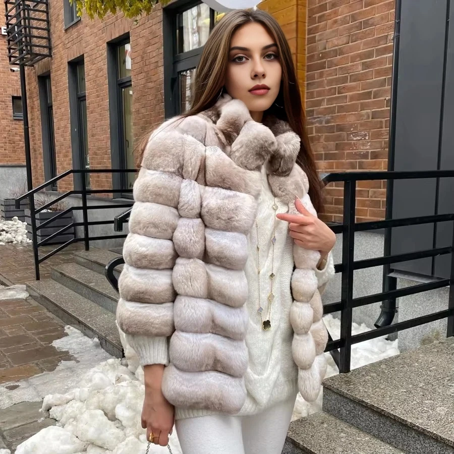Winter Chinchilla Fur Coat Women Rex Rabbit Fur Coat Natural Fur Winter Jacket Women Short Fur Coat