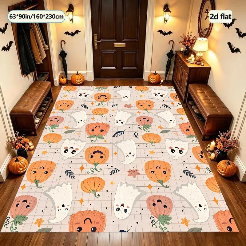 Velvet Rug Cartoon Pumpkin Ghost All over Fun Soothing Style for Entryway Bedroom Living Room Decor