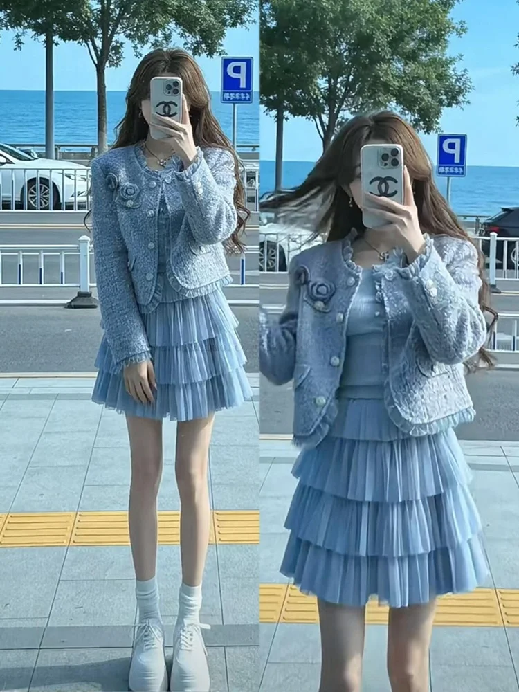 

Blue Lace Trim Jacket Dress Set Women's Fashion Spring New Arrival Comfortable High Waist Short Skirt Long Sleeve round Neck