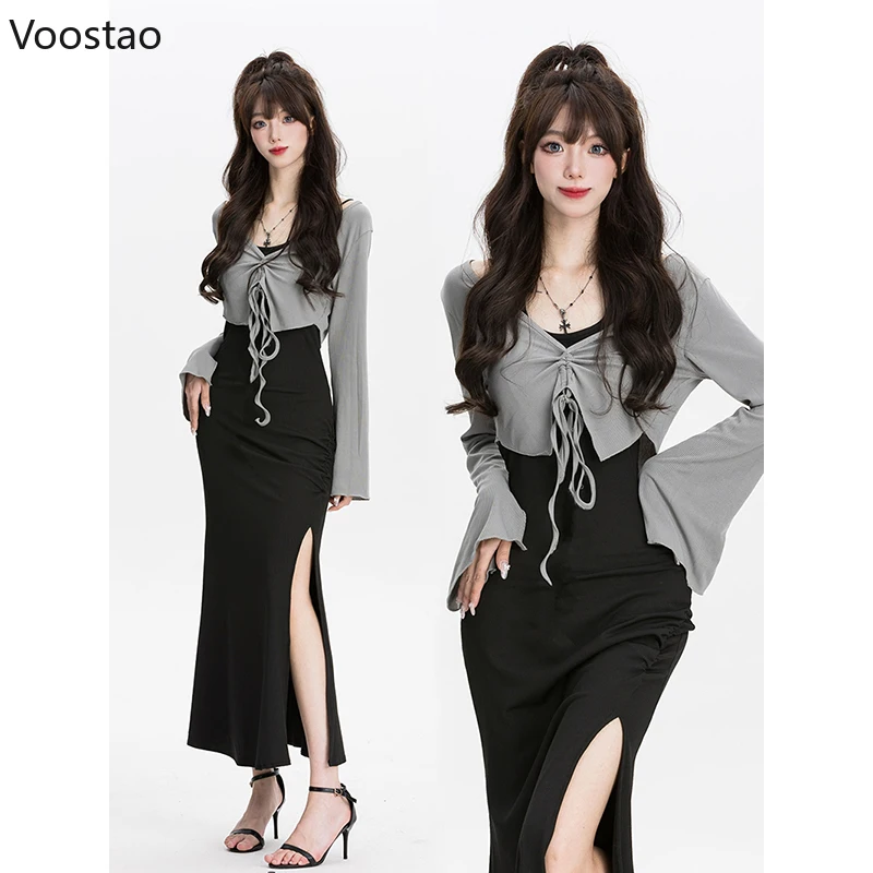 Women Dress Sexy 2 Piece Sets Strap Vintage Dresses Elegant Long Sleeve Tops Blouse Female Shirts Outfits New Korean Autumn 2023