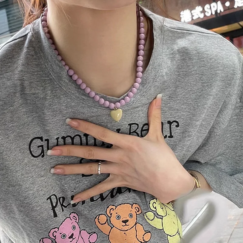 Trendy Beaded Chain Resin Heart Pendant Necklace for Women Girls New Color Clavicle Chain Delicate Jewelry Gift