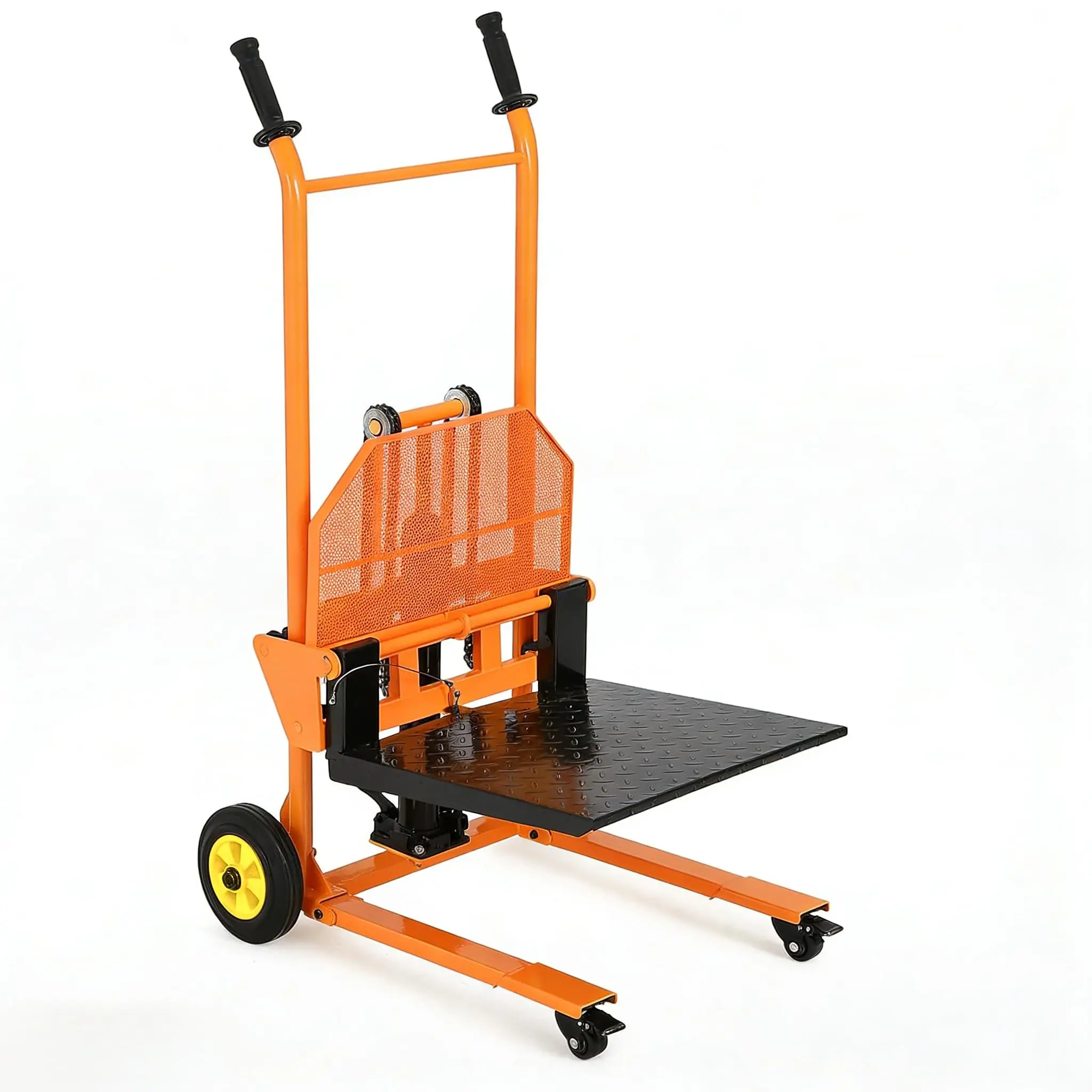 Heavy-Duty Hydraulic Material Lift Stacker Cart, 440 lb Capacity, 36 in Max Lift Height, Manual Winch, Steel Platform, Lockable Swivel Casters