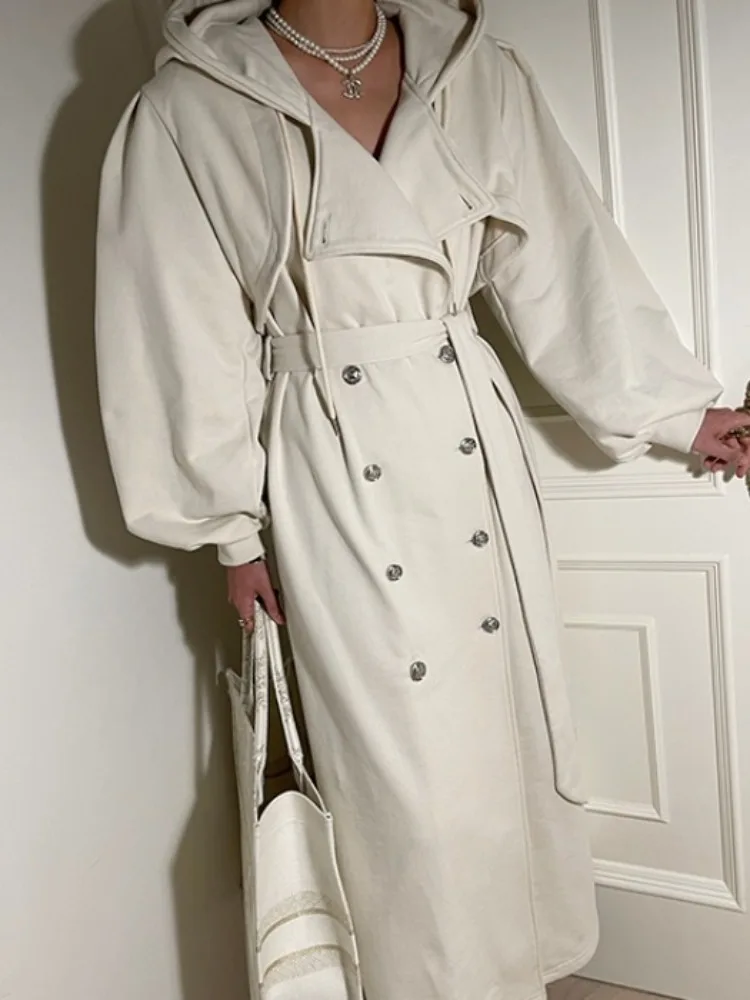 

Elegant Long Over-Knee Double-Breasted Retro Hooded Two-Piece Set Jacket for Women Dongda Gate INS Style Casual Streetwear