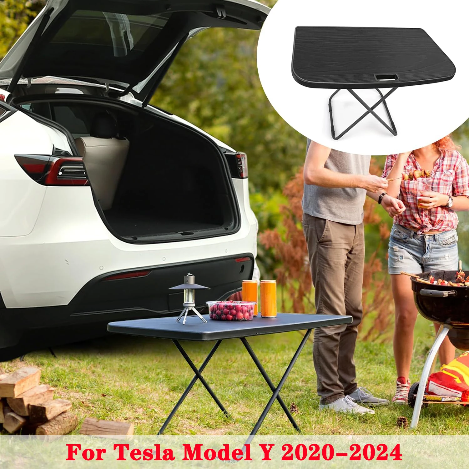 For Tesla Model Y 2020-2024 Foldable Camping Table, Fits Rear Trunk Cargo Travel Folding Boot Table and Chairs Set