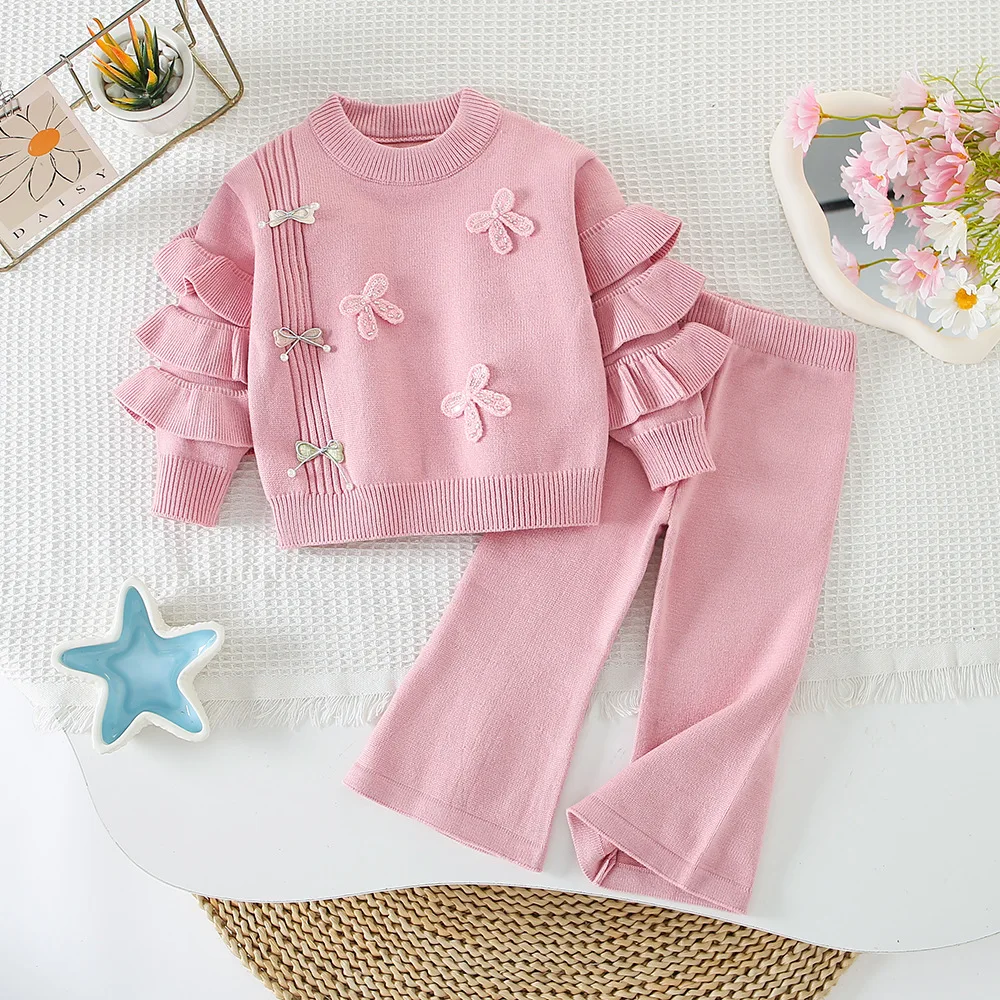 2-6 Year Old Girl Autumn New Solid Color Sweet and Cute Bow Lace Sweater+Knitted Pants Set Korean Edition