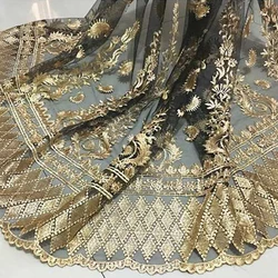 Boutique three-dimensional embroidery black mesh lace gold gold thread embroidery clothing fabric wavy lace fabric