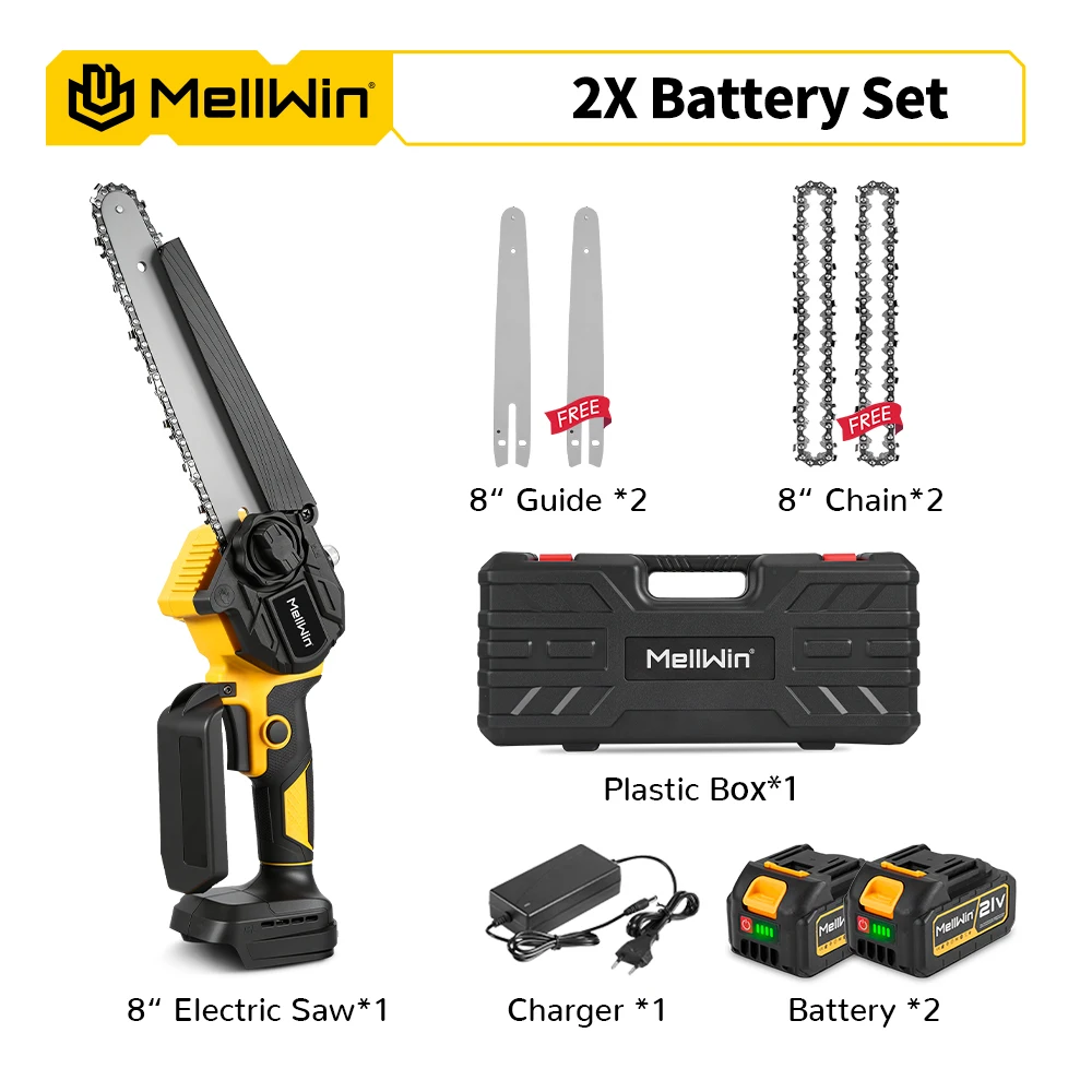 MELLWIN Bürstenlose 8-Zoll-Elektrokettensäge mit automatischer Ölschmierung, Gartensäge zum Holzschneiden, Beschneiden und Fällen, kompatibel mit Makita 18V-Akku.