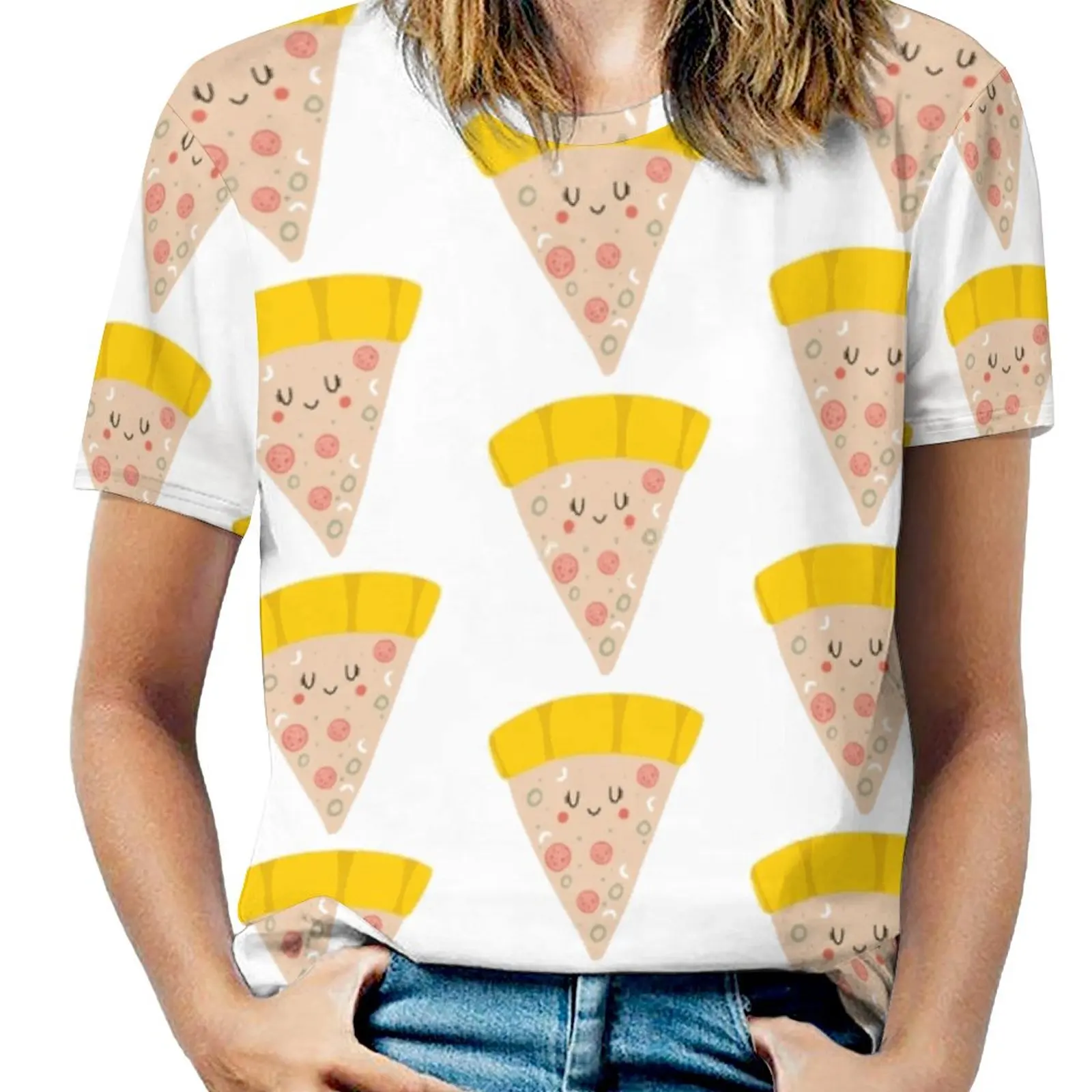 Cute Funny Smiling Pizza Slice Woman'S T-Shirt Spring And Summer Printed T Shirts Crew Neck Pullover Top Pizza Smile Love