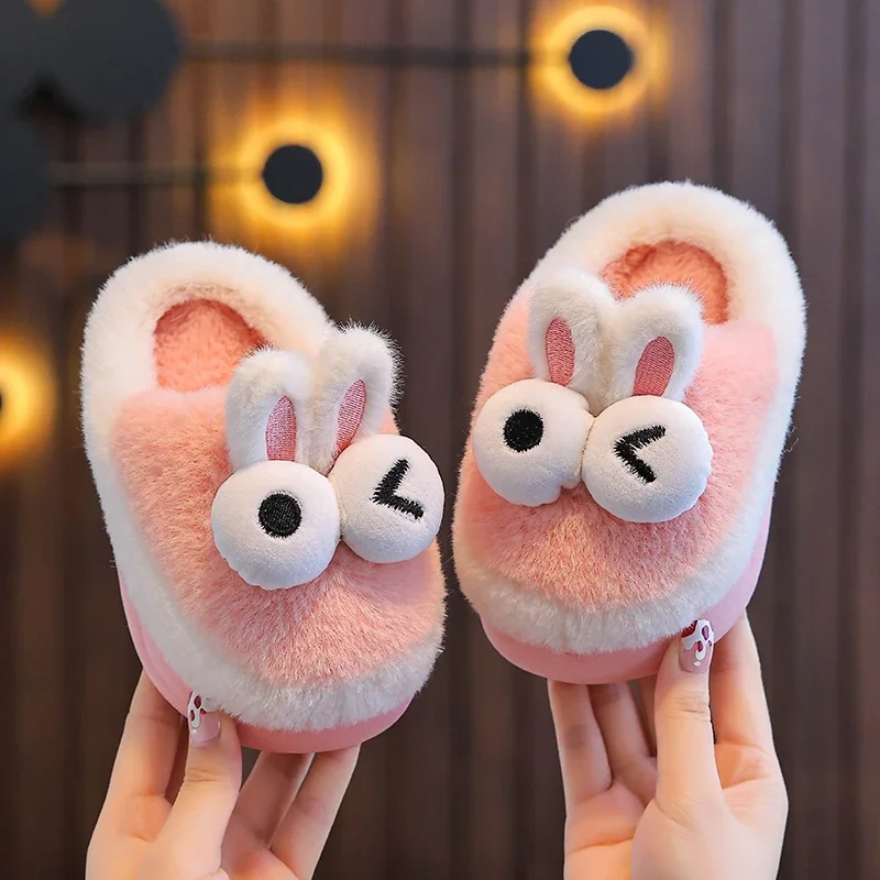 New Winter Warm Cute Cartoon Big Eyes Indoor Mule Soft Non-slip Kids Fluffy Slippers For Girls Boys Children Home Cotton Shoes