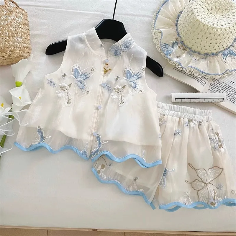 

TOY-Girls' New Chinese Style Summer Outfit Set Children's Improved Sleeveless Hanfu Two-Piece Set Baby Girl Summer Thin Clothes