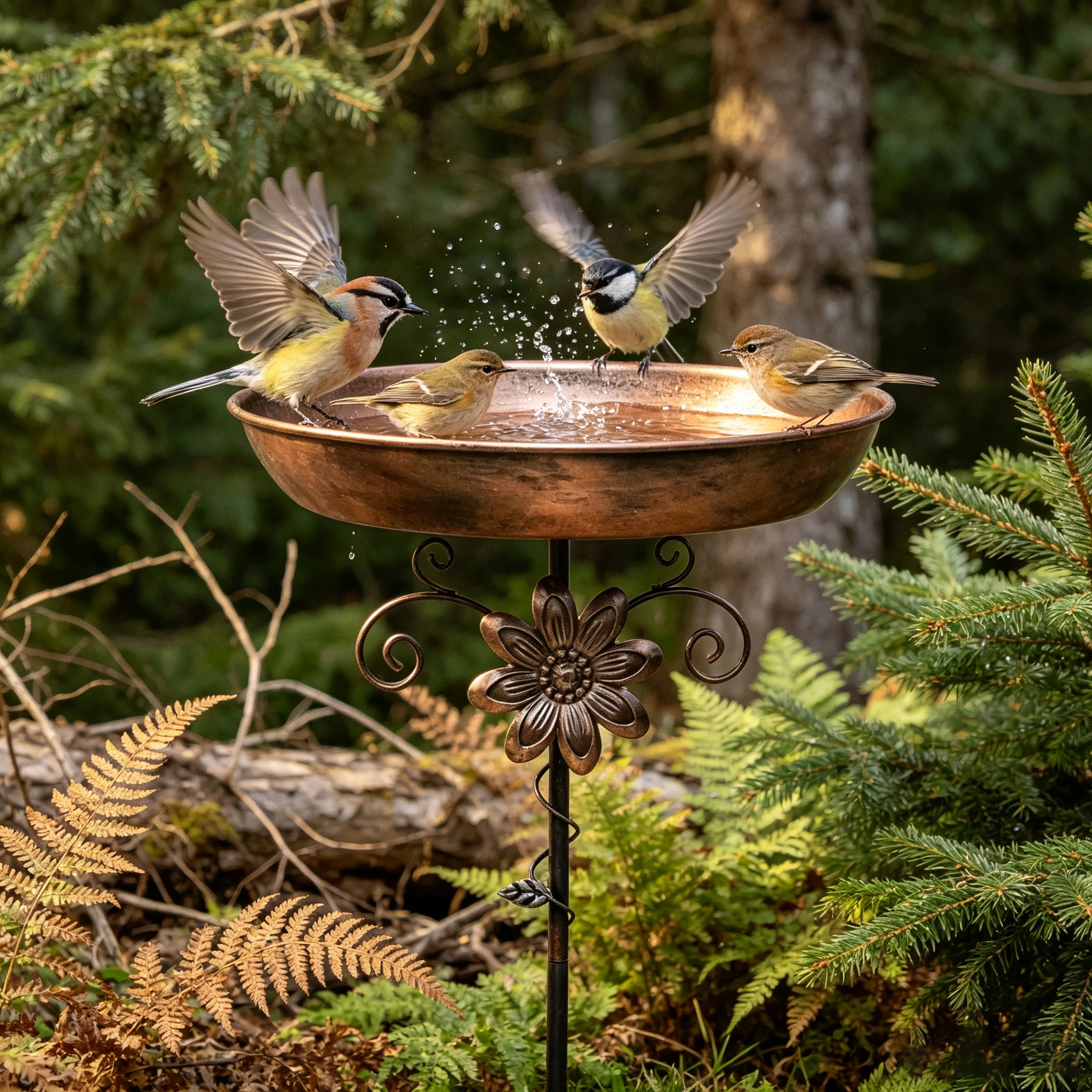 Vintage Copper Iron Bird Bath Feeder 2 in 1, Rustproof Garden Decor with Anti-Slip Stake