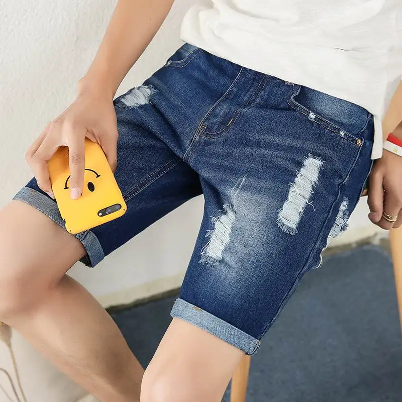 Summer Men's Casual Half-Length Denim Shorts Trendy Slim Fit Youth Popular Thin Jeans Fabric Water-Washed Style for Teens