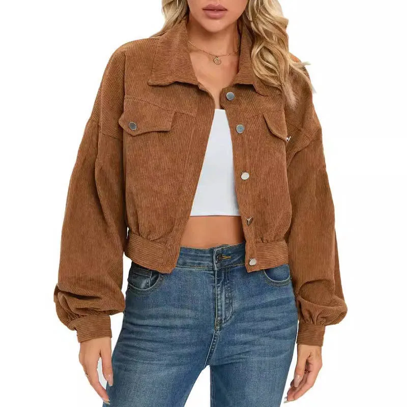 

Autumn Winter Women's Turn-Down Collar Corduroy Jacket Elegant Lantern Sleeve Single-Breasted Short Coat Outerwear Coat Tops