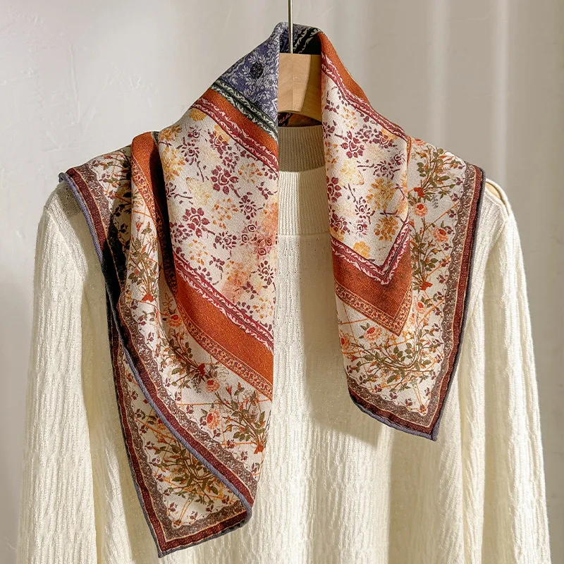 70% Wool 30% Silk Scarf Women Winter Ethnic Bohemian Green Print Neck Scarves Shawls Wraps Female Hijab Ladies Accessories