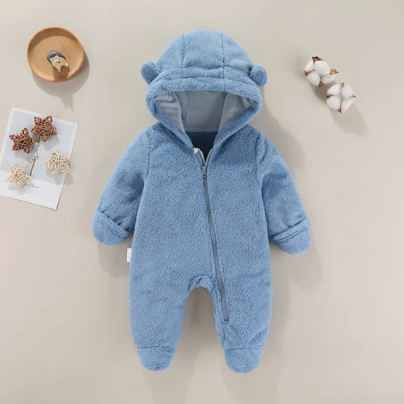 Autumn Baby Jumpsuit Warm Infant Hooded Plush Rompers Newborn Girl Overalls Spring Toddler Clothes