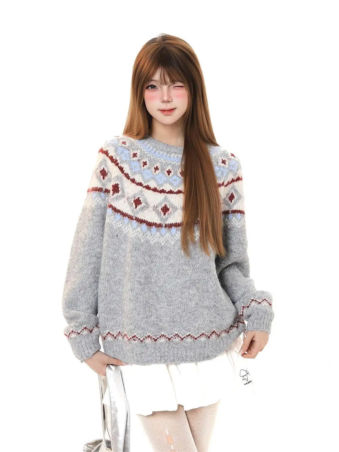 

American Retro Fair Isle Knitwear round Ne Loose Sweater ex Autumn Winter Lazy Sle Overhead Warm Sweater