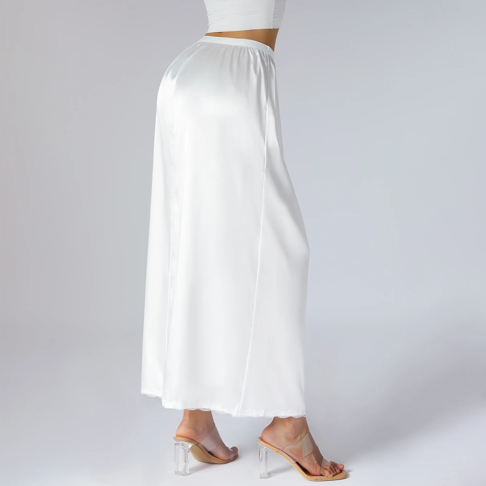 Elastic Waist Inner Lining Midi Skirt Women Solid Color Satin Half Slip Underskirt Long Underskirt for Ladies White/Black/Yellow