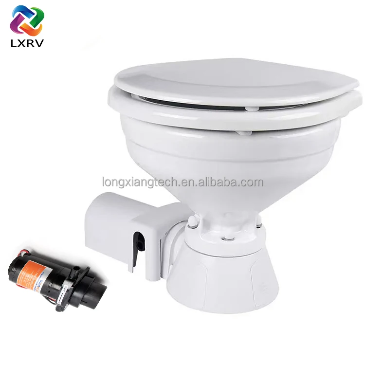 LXRV-AD-001 Electric Marine Toilet 12V Ceramic Bowl Boat Yacht RV Bathroom Replacement Unit Compact Cabin Head Floor Mount Cabin