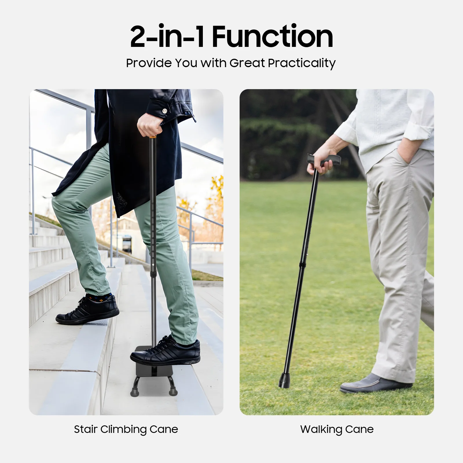 4-Legged Stair Assist Cane 2-in-1 Adjustable Height 330LBS Max Load Heavy Duty Mobility Aid for Elderly