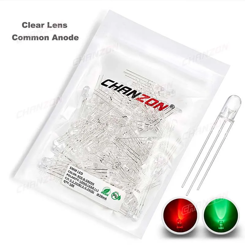 100pcs 5mm LED Light Emitting Diode Lamp Bulb Bicolor Red Green Common Anode Cathode Transparent Diffused Micro Indicator 3V