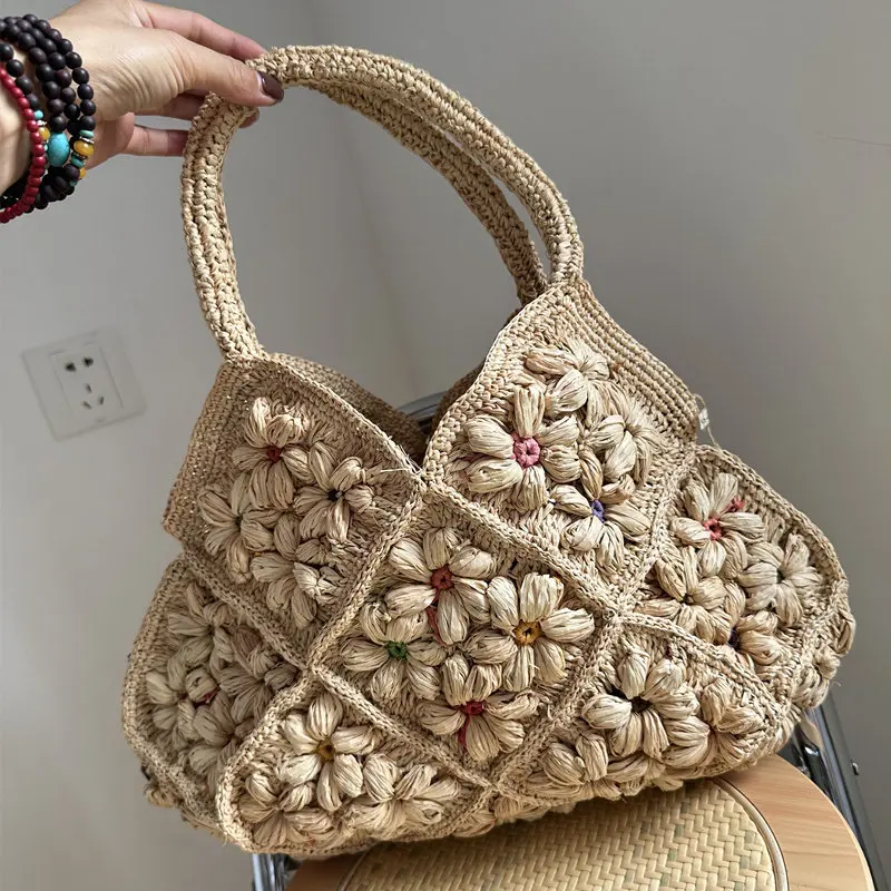 

Summer French Romantic Crochet Flower Bag Handwoven Raffia Handbag Ladies Large Capacity Shoulder Bag Vacation Bag for Women