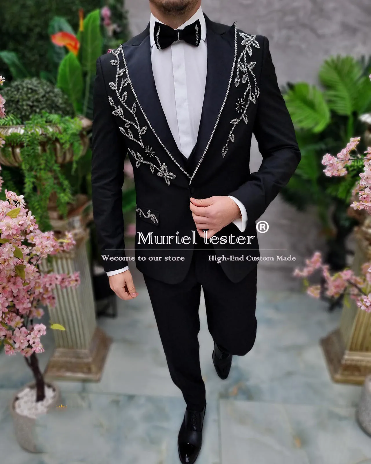 Luxury Sliver Beads Suits Men For Wedding Single Breasted Jacket Vest Pants 3 Pieces Groom Tuxedos Tailored Boyfrined Clothing