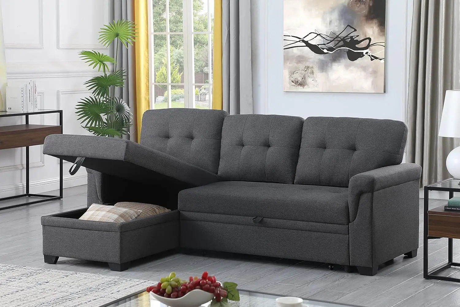Lilola Home Linen Reversible Sleeper Sectional Sofa with Storage Chaise