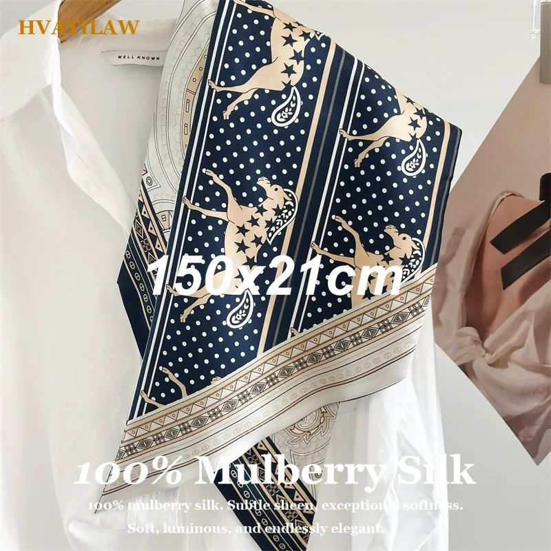 

Luxury 100% Real Silk Scarf 150x21cm Long Narrow Shawl Travel Beach Vacation Bandana Women Elegant Designer Neck Wrap Foulard