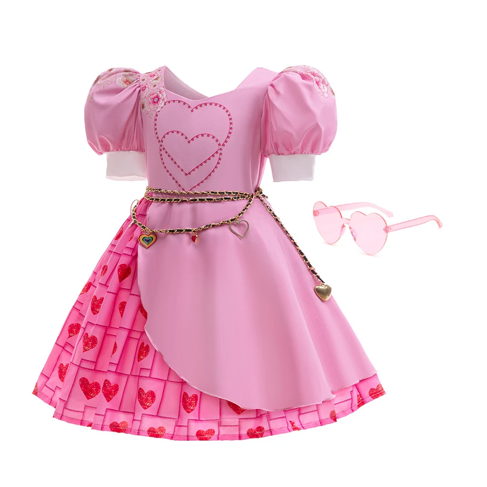 2026 Valentine's Day Girl's Heart Sweet Princess short Sleeve Dress and glasses Kids Clothes carnival party dresses for girls