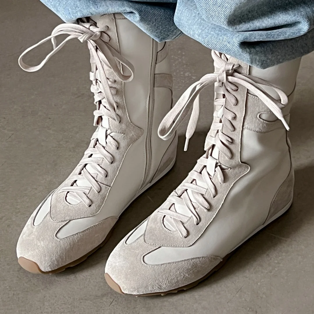 

Women's genuine leather patchwork lace-up autumn ankle boots round toe high quality soft comfortable casual female short boots