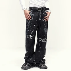 Pantalones vaqueros con estampado de Graffiti de inyección de tinta para hombre, Pantalones rectos sueltos, diseño de interés especial, High Street, Hip Hop, calle americana, nuevo, 2024