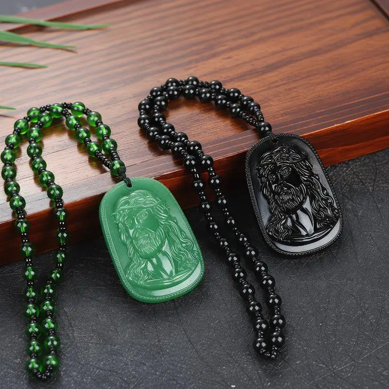 Religious Imitation Jade Statue Pendant Necklace Adjustable Chain Classic Unisex Jewelry for Men Women Birthday Gift