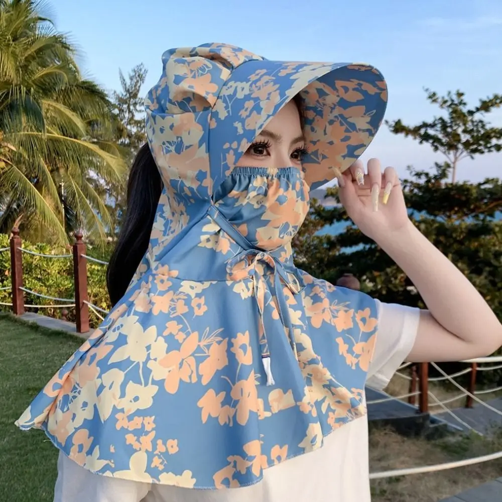 Printing Tea Picking Hat Sun Protection Face Mask Sunshade Shawl Cap UV Protection Wide Brim Neck Protection Hat Climbing