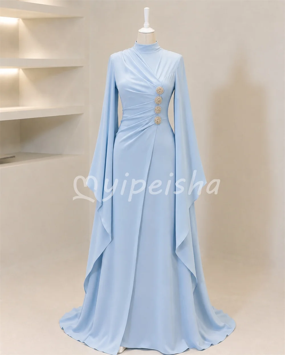 Formal Sizes Available Jersey Crystal Pleat Ruched Sky Blue Women's Evening Dresses A-line High Collar for Woman Customized