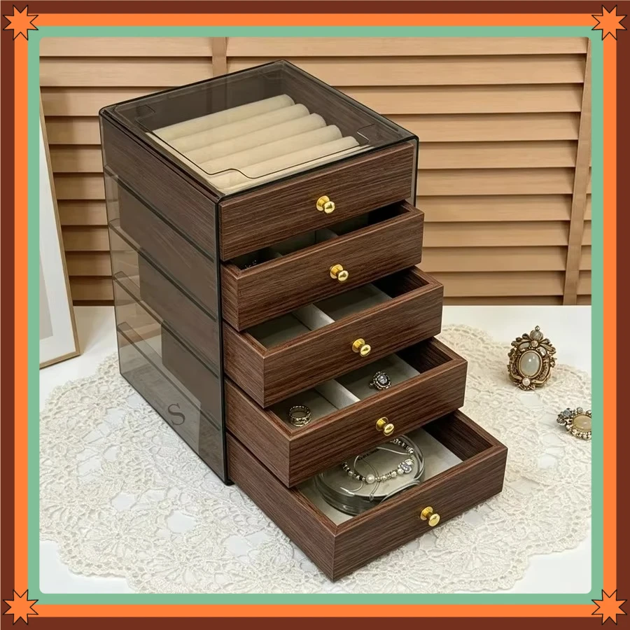 Walnut Wood 5-Layer Dustproof Jewelry Box Anti-Oxidation Storage Holder Desktop Organizer for Rings Earrings Stud Earrings