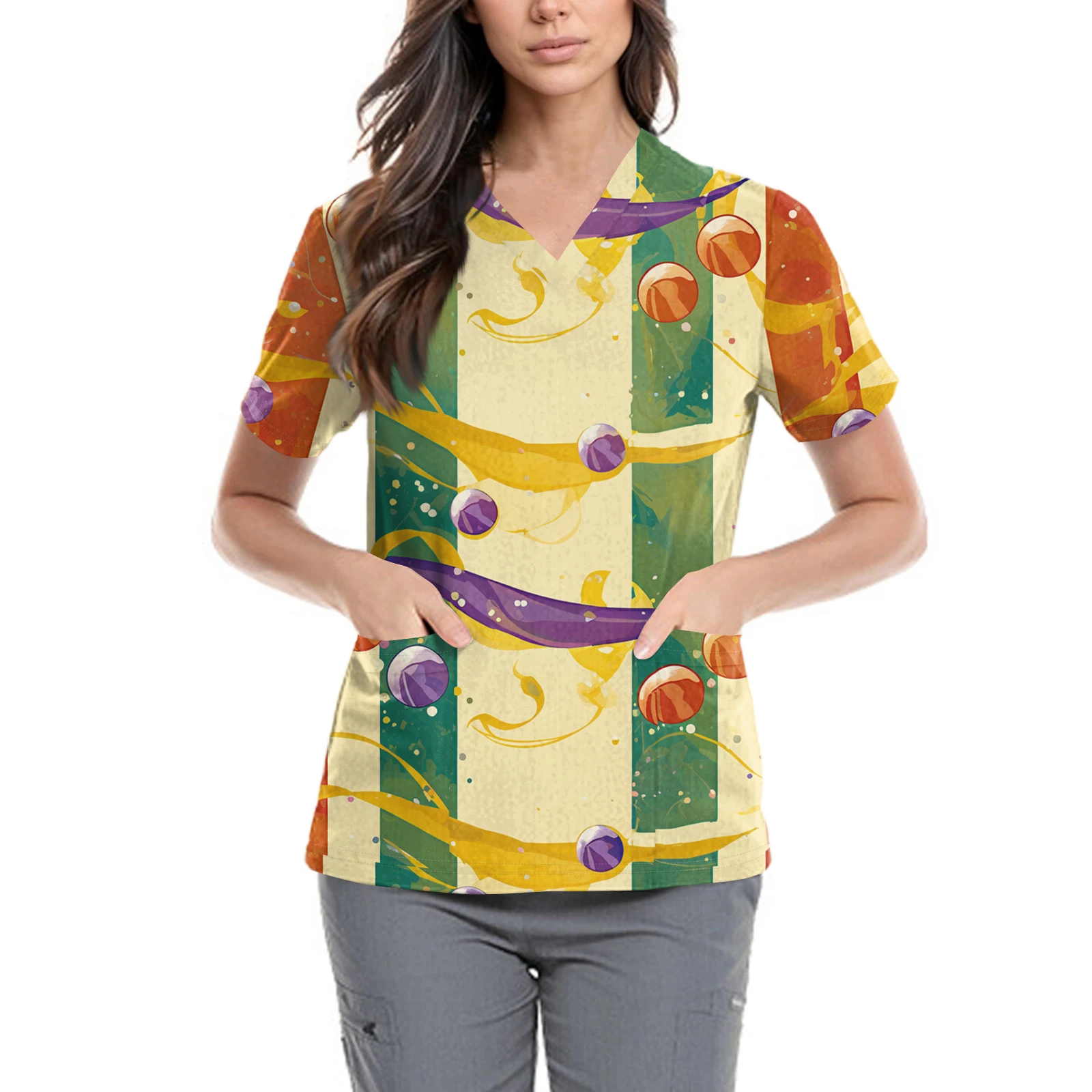 

Футболки Карнавальные женские удобные модные базовые пуловеры Топы с v-образным вырезом Топ с карманами и принтом Футболки из полиэфирного волокна стандартного кроя