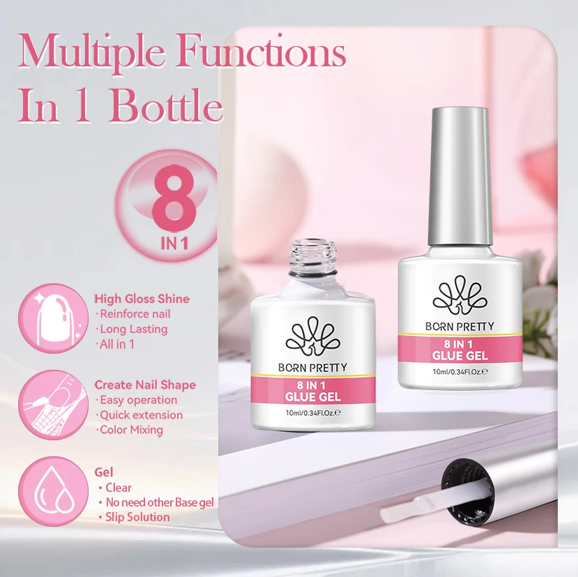 BORN PRETTY 10ML 8-in-1 Clear Glue Gel for Nail Apex and Extension Strengthener Nail Glue Gel Hard Gel Base Rhinestone Nail Gel