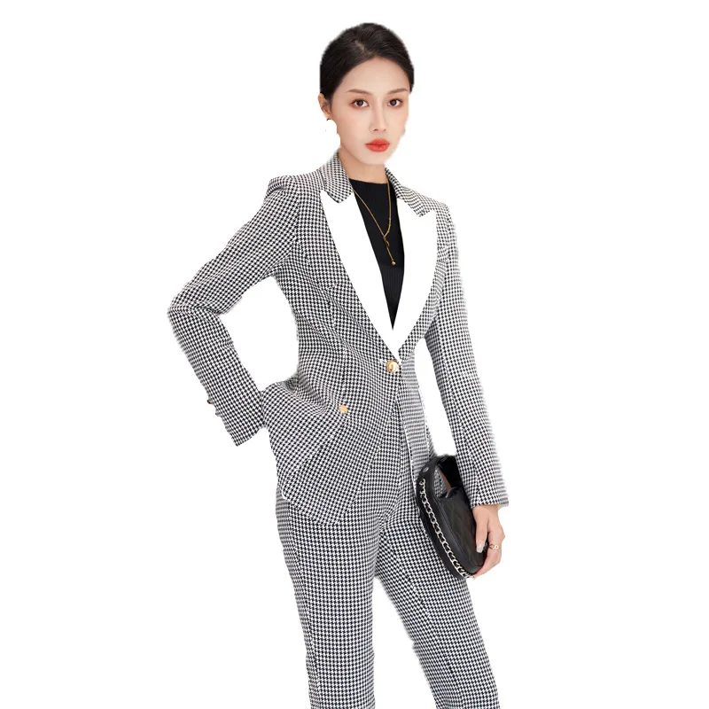 Setelan kotak-kotak wanita 2 potong, Blazer + Celana Houndstooth pakaian kerja kantor Formal wanita bisnis modis mantel celana panjang gaun Prom