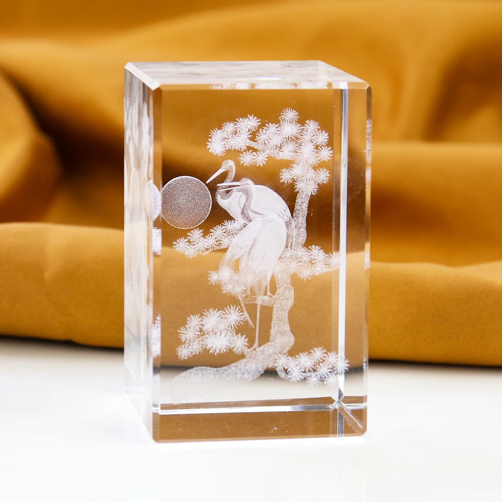 Clear K9 Crystal Laser Carve Matsuru Red-crowned Crane Trees Longevity Lucky Fortune Ornament Figurines Feng Shui Mascot Decor