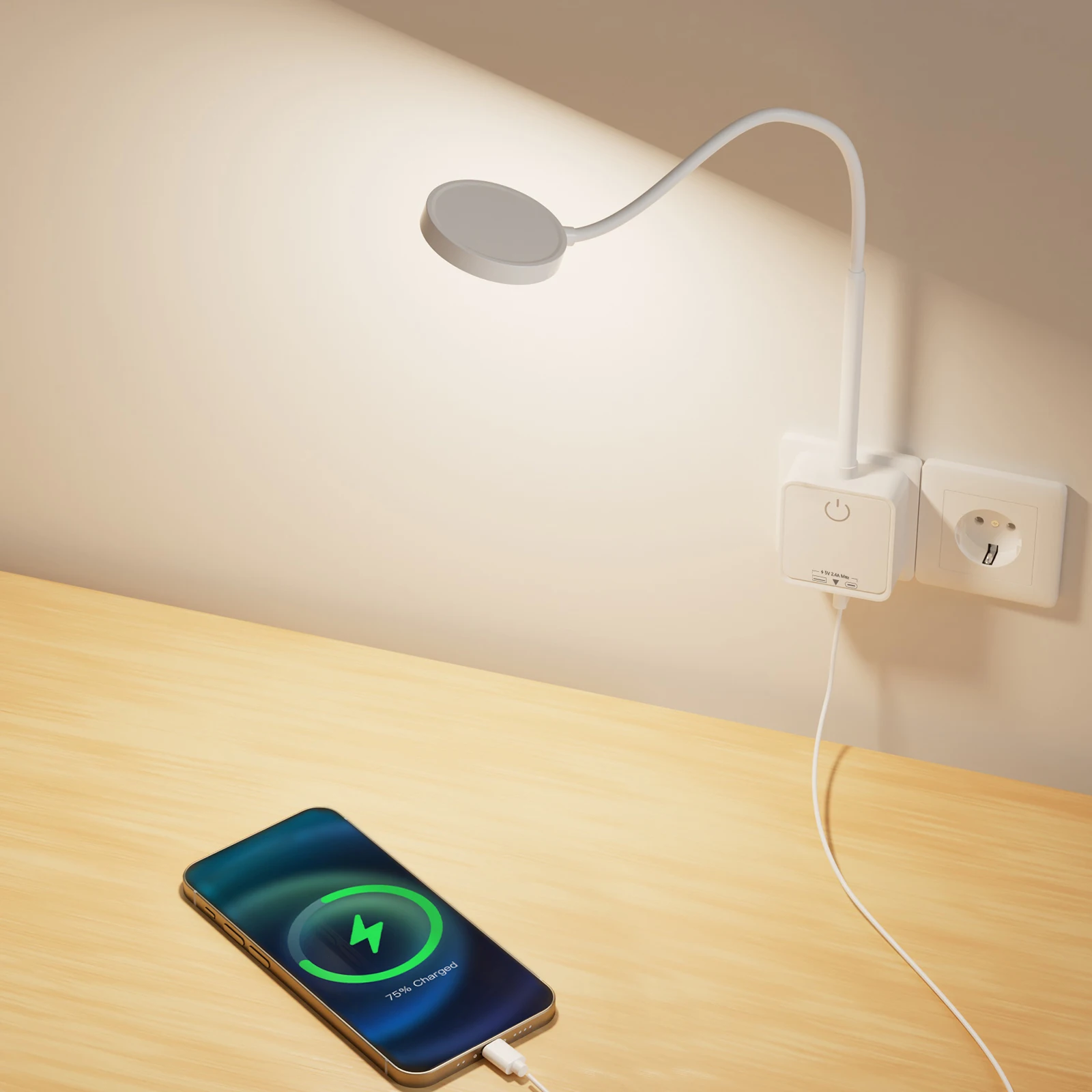 LED Leseleuchte Wand Bett, Wandlampe Weiß Innen mit Stecker, Steckdosen Lampe Dimmbar mit 3er Lichtfarb Modi, 110° Breiter Lichtwinkel für Schlafzimmer Wohnzimmer, USB Ausgangs Ladefunktion
