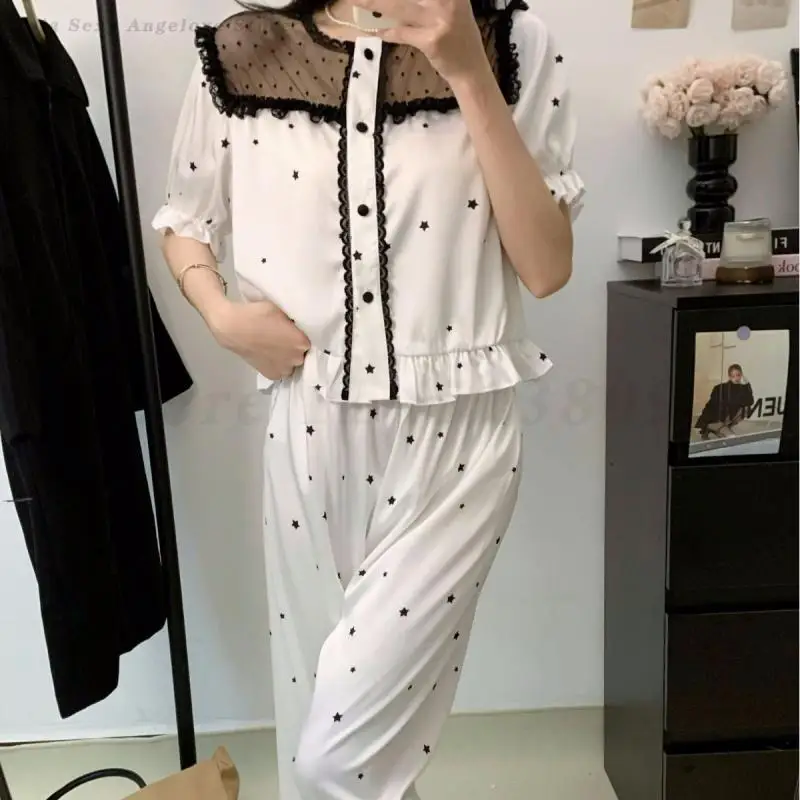 New Female 2PCS Pajamas Set Sexy Lace Patchwork Star Sleepwear Home Clothes Spring Summer Silk Satin Nightwear Loose Loungewear
