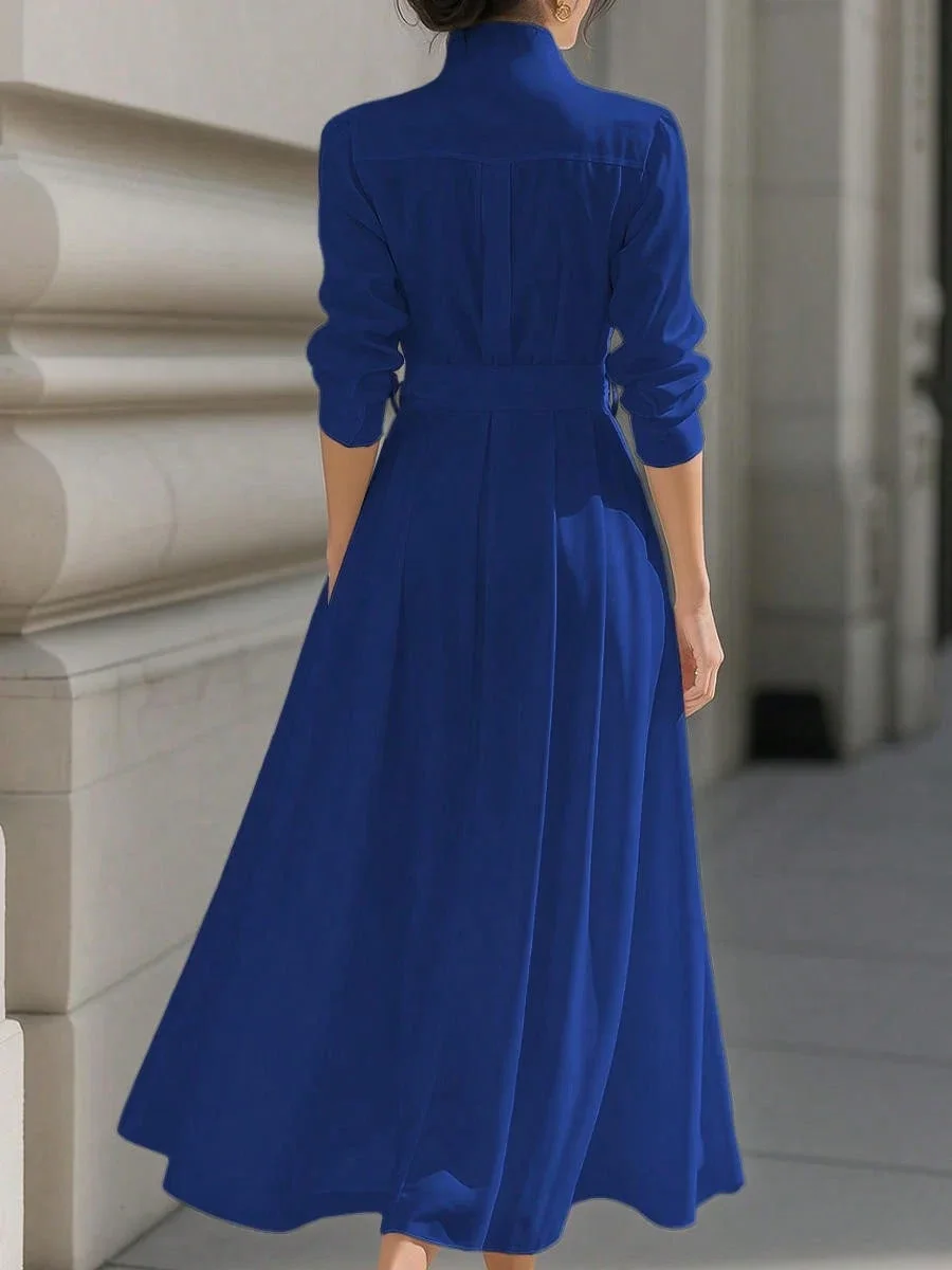 

Элегантное синее платье-рубашка с длинными рукавами и поясом на талии, макси-платье А-силуэта для женщин
