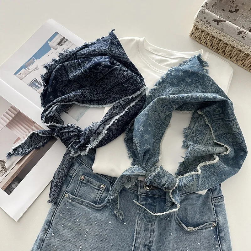 

Retro bohemian frayed triangular scarf women's rag distressed cashew small neckerchief men's cotton-linen scarf couple's