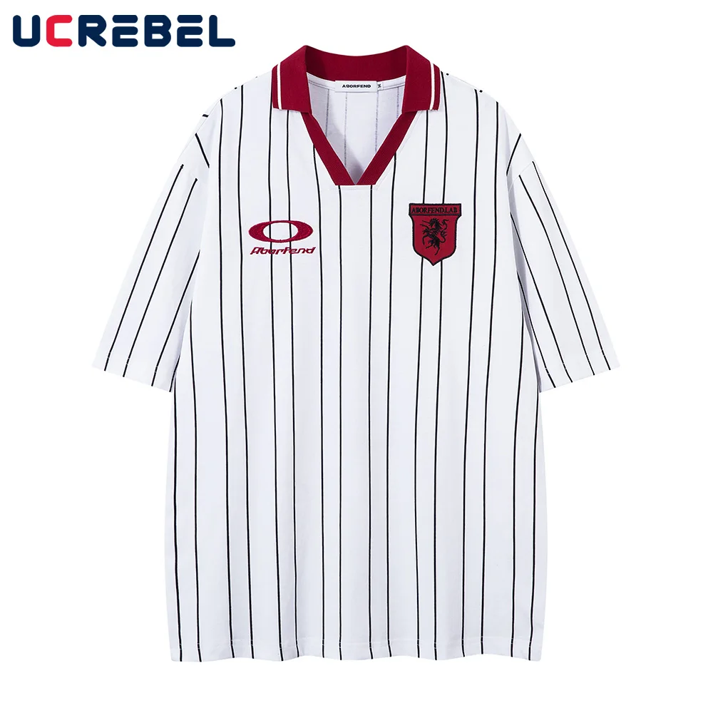 

Vertical Stripes Short Sleeve Polo Shirts Letter Embroidery Summer High Street Contrast Paneled Loose Half-Sleeve Cotton Tops