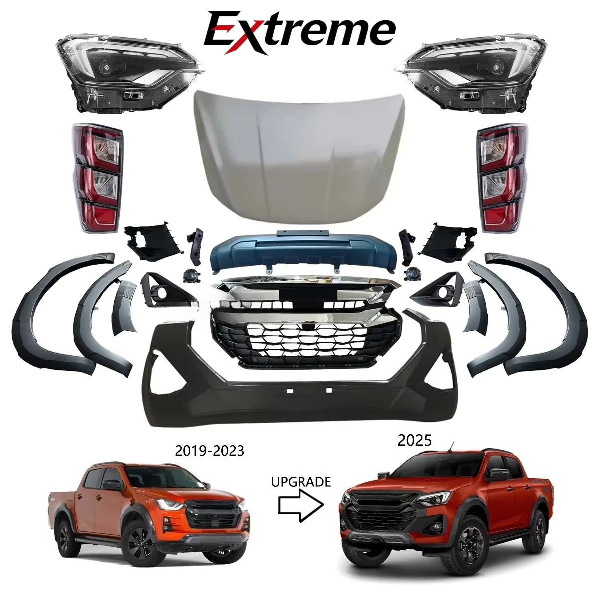 Car Bumpers Parts for Dmax 2019 2020 2021 2022 2023 Year Facelift to 2025 V Cross Model With Bumpers Grilles LED Lights Hood