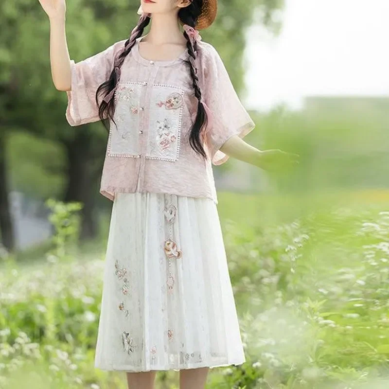 Women Sweet Chinese Style Hanfu Set Floral Embroidery Round Neck Short Sleeve Top Midi Skirt Summer Outfit