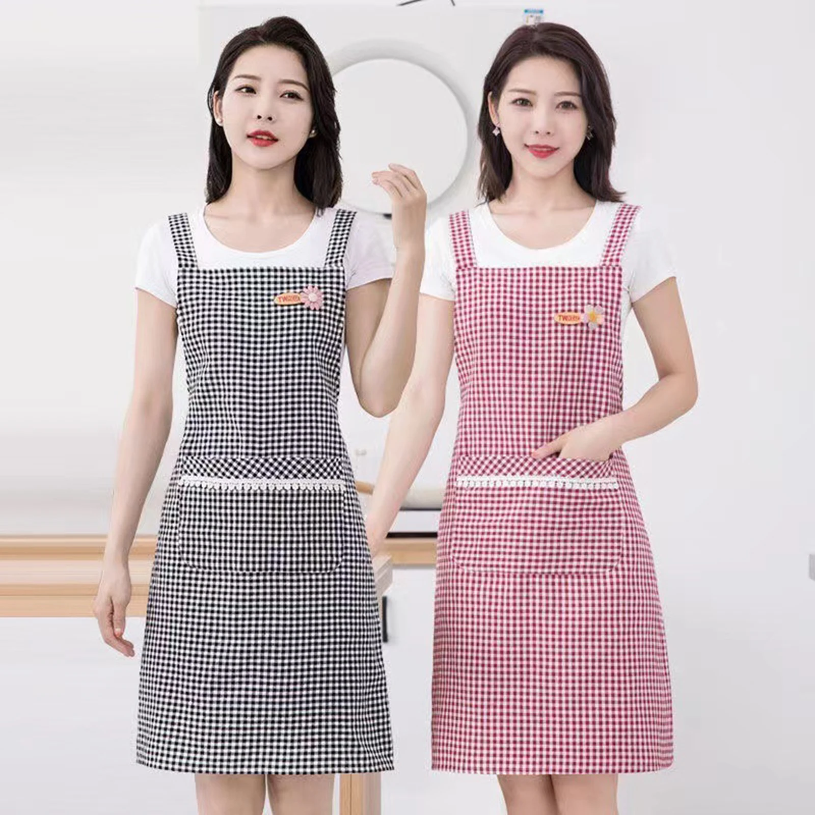 Plaid Kitchen Apron Cotton Linen H Shoulder Straps Back Tie-Up Aprons with Front Pocket for Cooking