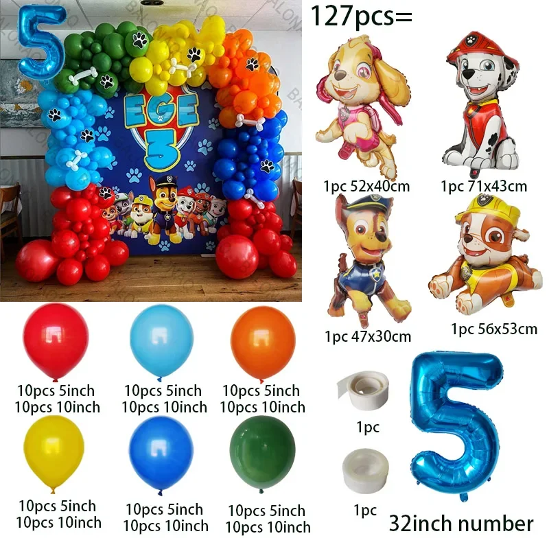 127pcs Paw Patrol Theme Aluminum Film Balloon Set Marshall Skye Chase Rubble Latex Balloon Birthday Party Supplies Decorations